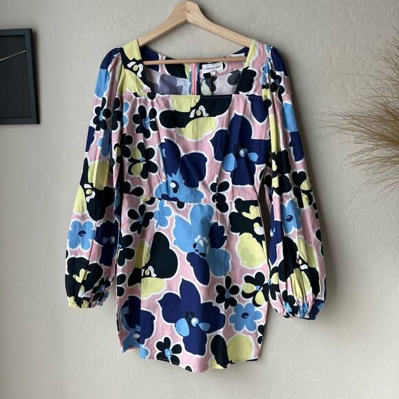 NEW Alexandra Miro Floral Print Long Sleeve Square Neck Cotton Mini Dress XS - Picture 3 of 9